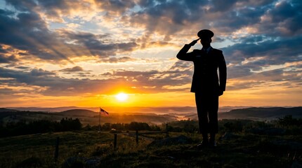 Fototapeta premium Silhouette of a Soldier Saluting at Sunset as a Tribute to Veterans