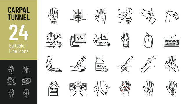 Carpal Tunnel Syndrome Line Editable Icons set. Vector illustration in modern thin line style of medical hand pain, wrist brace, nerve compression, surgery, ergonomics, keyboard, mouse