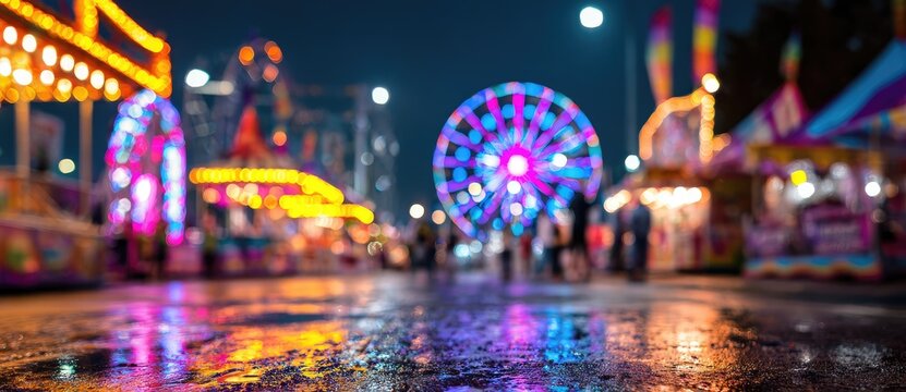 Wet fairground path reflects vibrant carnival lights at night