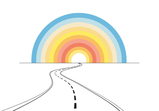 A winding road leading towards a colorful rainbow arch on the horizon.