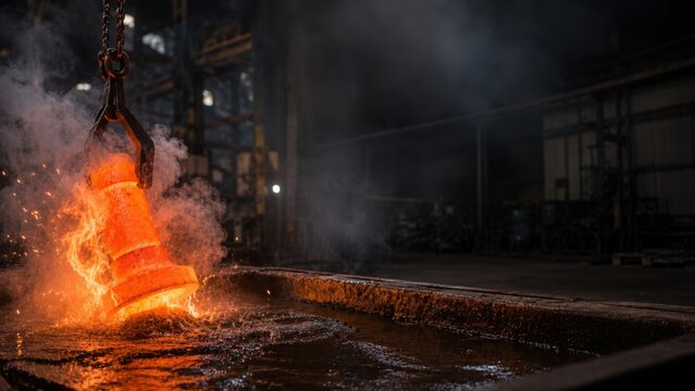 Molten metal being poured from a crane into a casting mold, surrounded by steam and smoke in an industrial foundry setting with machinery in the background