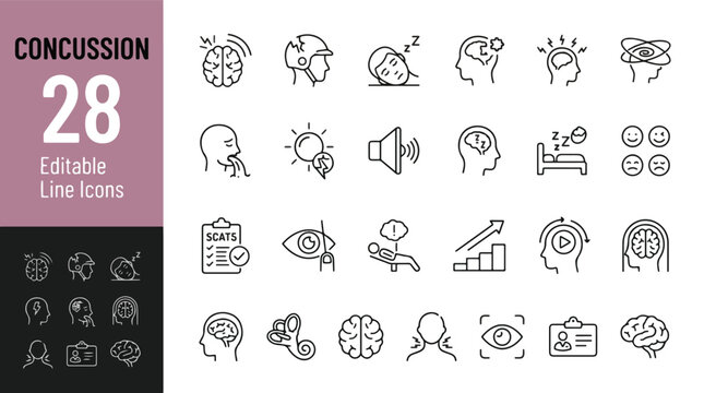 Concussion and Traumatic Brain Injury Line Editable Icons set. Vector illustration in modern thin line style of TBI medical icons: brain trauma, headache, vertigo, nausea, amnesia, SCAT5, recovery