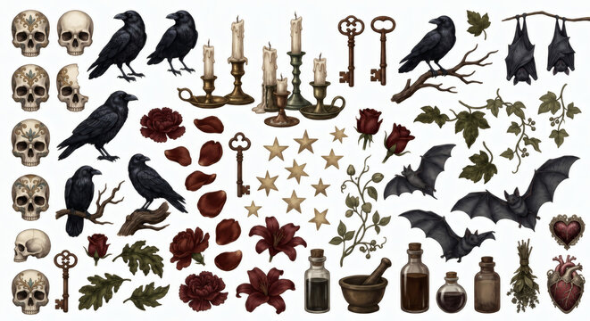 Gothic elements collection: skulls, ravens, bats, and magical artifacts