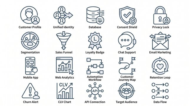 Customer Relationship Management CRM and Data Analytics Icon Set