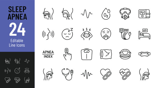 Sleep Apnea Line Editable Icons set. Vector illustration in modern thin line style of medical healthcare icons: CPAP machine, snoring, breathing, heart disease, oximeter, and apnea index monitor.