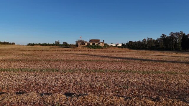 Cinematic Drone Push In Flying Forward Low Over Harvested Wheat Field to the Abandoned Stone Building