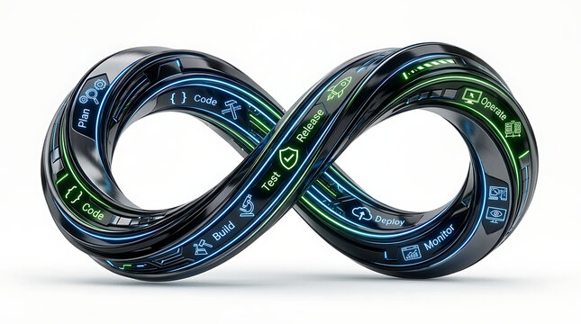 Modern infinity loop graphic showing software development lifecycle stages visually transparent background