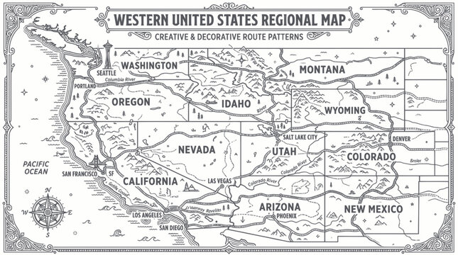 Western United States Regional Map Decorative Route Patterns Vintage Style