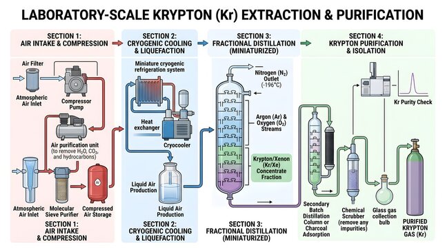 Laboratory‑scale krypton (Kr) extraction and purification process infographic illustrating multistage air intake and compression, cryogenic cooling, fractional distillation, adsorption columns, purifi