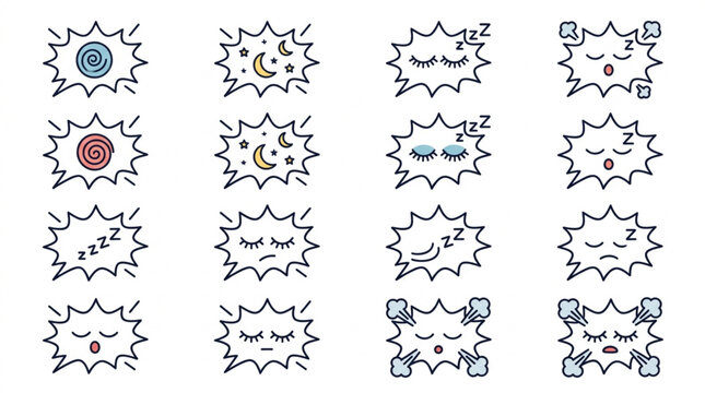 Collection of cartoon speech bubbles with sleepy faces and symbols.
