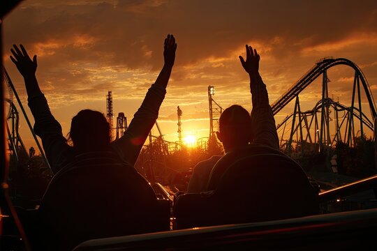 Roller coaster riders with arms raised in excitement against sunset sky