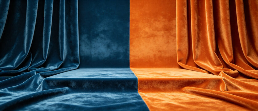 Duality of Velvet Drapery: A striking visual dichotomy presented by two plush velvet drapes, one deep blue and the other a warm orange, meeting at a central platform.