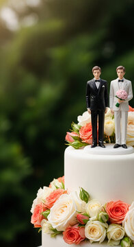 Wedding cake topper with two male figures and floral arrangement, symbolizing celebration and union, perfect for wedding stationery or decor