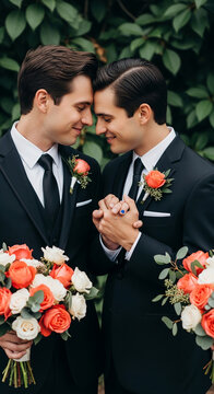 Two men in formal wear hold hands, surrounded by floral bouquets, symbolizing love and union