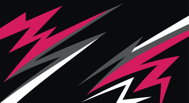 Abstract racing background featuring sharp, inward-pointing jagged shapes in pink, grey, and white over a black backdrop.