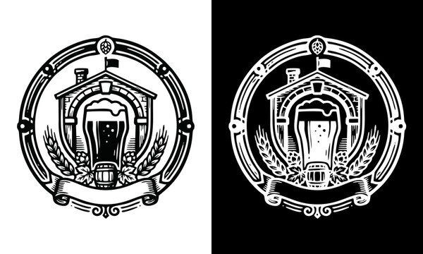 Vintage Brewery Emblem Logo Design featuring a Beer Mug and Wheat Stalks within a Decorative Circular Frame for Craft Beer Branding