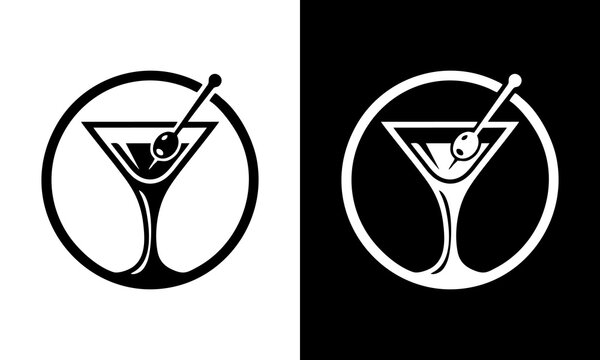 Minimalist Cocktail Martini Glass Logo Design with Olive and Cocktail Pick in a Circular Frame for Bar and Lounge