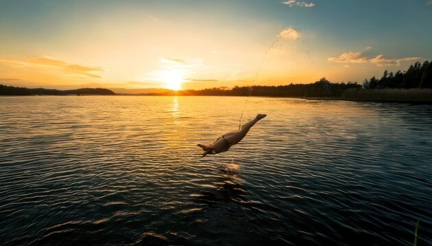 Person diving into a lake at sunset, creating a splash.