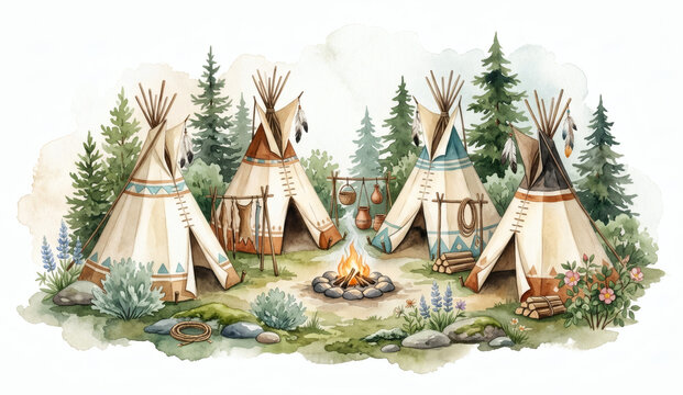 Indigenous tipi village camp with traditional teepees campfire and pine forest isolated on white background