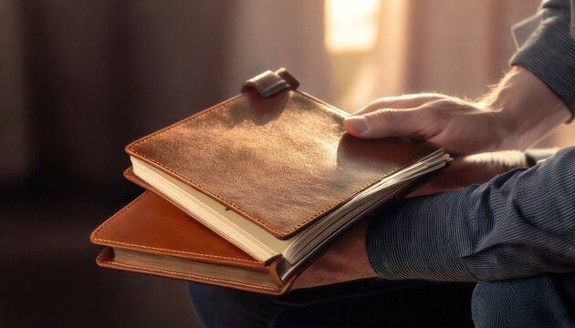 Person holding leather-bound journals in warm, inviting light.