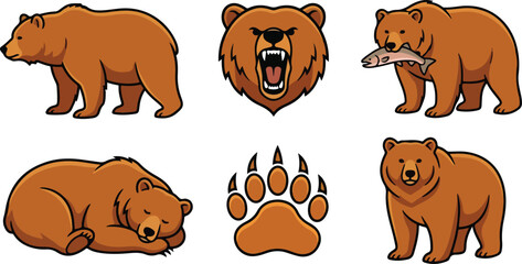 Fototapeta premium Set of brown bear illustrations including sleeping and roaring poses with wildlife, predator