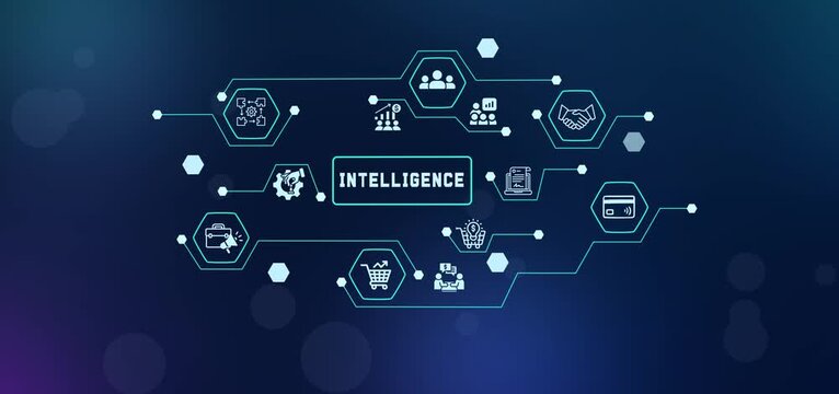 Artificial intelligence and complex cognitive data computing network concept. Futuristic isometric Hud interface with smart analytics icons on blue background.