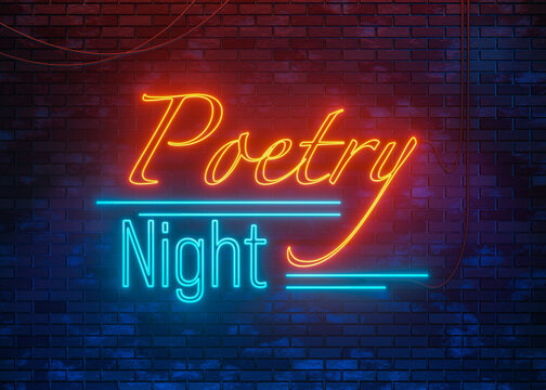 Poetry Night neon sign against a brick wall. Neon colors blue and orange. Public event, poetry-slam, performance, literature, culture, entertainment, art and lyrics.