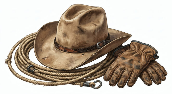 Vintage Cowboy Hat with Leather Gloves and Lasso Rope Illustration