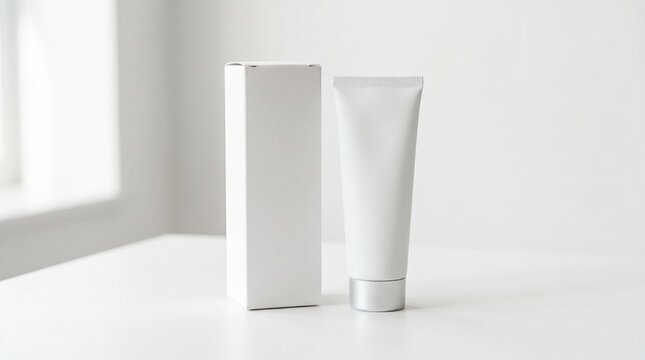 White blank cosmetic cream tube and packaging box mockup for skincare product branding