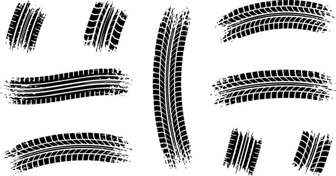 Set of black rubber tire tracks showing detailed aggressive tread patterns in this vector graphic design