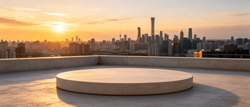 Rooftop Display at Sunset: An empty circular platform sits on a rooftop with a sprawling cityscape and a vibrant sunset in the background.