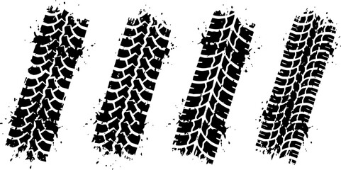 Grungy black tire tread marks vector illustration set featuring four unique textured off road patterns © RizqArt