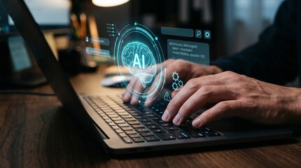 Fototapeta premium AI artificial intelligence interface over laptop keyboard, programmer using machine learning automation technology