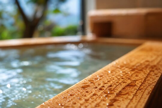 Wooden hot spring bath filled with clear steaming water, close-up of wet hinoki wood edge with droplets in peaceful outdoor Japanese spa resort