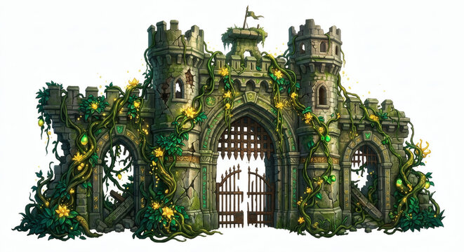 Ancient ruined castle gate overgrown with green ivy and yellow flowers isolated on white background