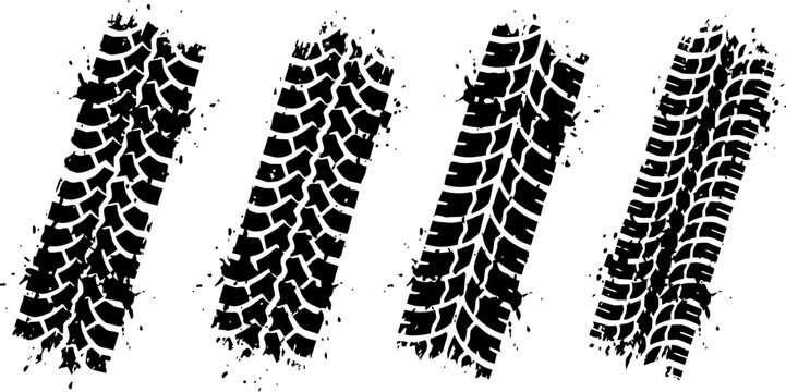 Grungy black tire tread marks vector illustration set featuring four unique textured off road patterns