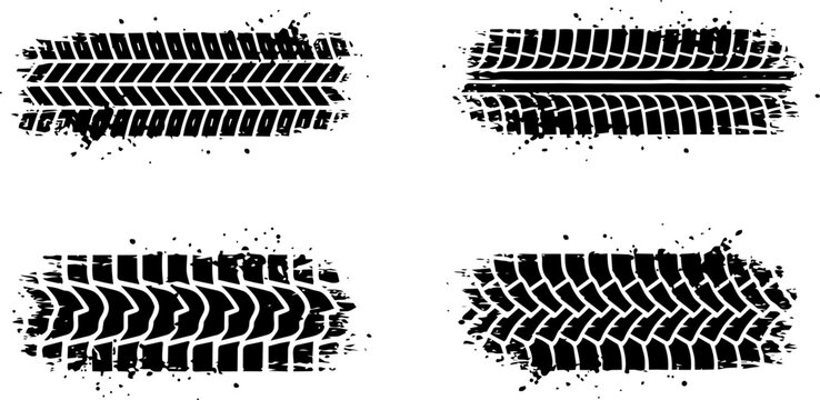 Four distinct black vector tire tracks featuring rough grunge textures for creative automotive graphic design projects