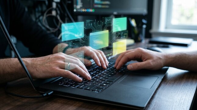 Software developers coding on laptop with futuristic holographic interface, cybersecurity data analytics workspace