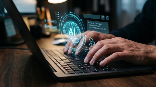 AI artificial intelligence interface over laptop keyboard, programmer using machine learning automation technology