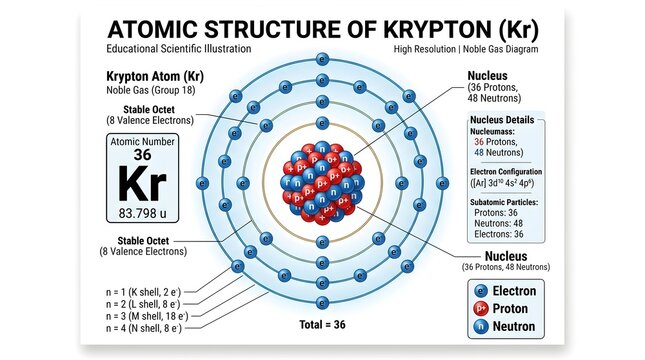 Atomic structure of krypton (Kr) educational diagram illustrating Bohr model with 36 electrons in concentric shells, labeled protons and neutrons in nucleus, electron configuration notation, stable no