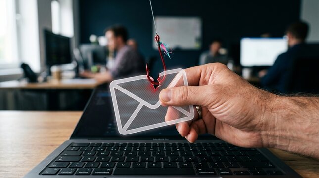 Phishing email cybersecurity concept with fishing hook stealing message over laptop in modern office workspace