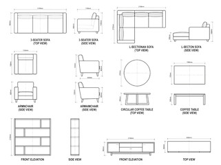 Vector CAD drawing block set of standard home furniture dimensions including couches chairs stands and shelves in plan and section views © Tom