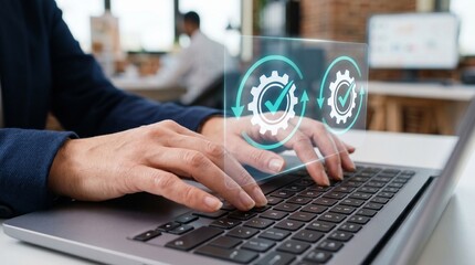 Quality control automation concept with hands typing on laptop, digital checkmark gears for software testing workflow © 7IMJAGO
