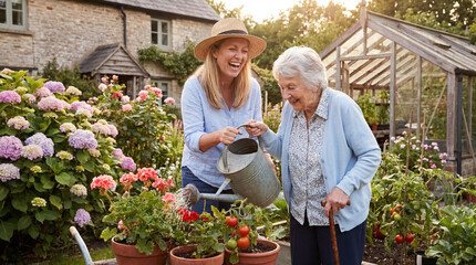 Fototapeta premium Mother and senior daughter smiling, enjoying gardening, watering plants together in a blooming cottage garden