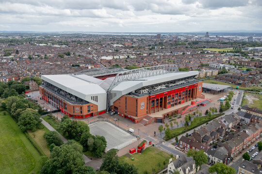 Anfield Stadium in Liverpool, Merseyside, England. Iconic football venue and sporting landmark viewed from above, home of a world famous club and a major destination for fans and tourism.