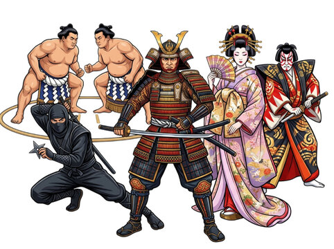 Traditional Japanese culture characters CAD vector illustration featuring samurai ninja geisha sumo wrestlers and kabuki actor on white background