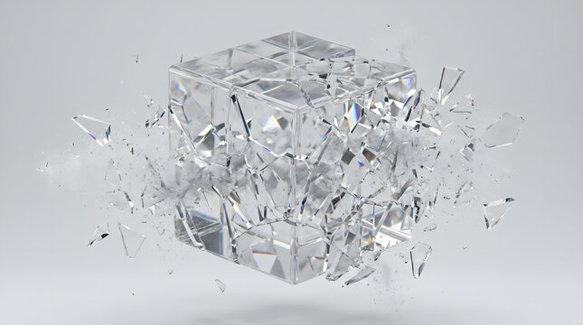 Exploding glass cube shattering into many floating transparent fragments on grey background