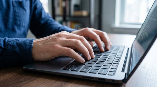 Close-up of developer hands typing code on laptop keyboard in modern home office workspace
