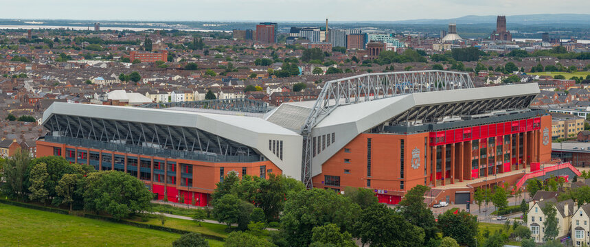 Anfield Stadium in Liverpool, Merseyside, England. Iconic football venue and sporting landmark viewed from above, home of a world famous club and a major destination for fans and tourism.