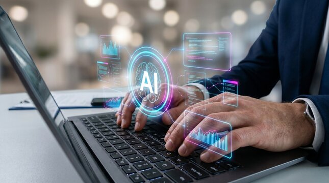 Business professional using AI technology on laptop with futuristic data analytics interface and automation dashboard